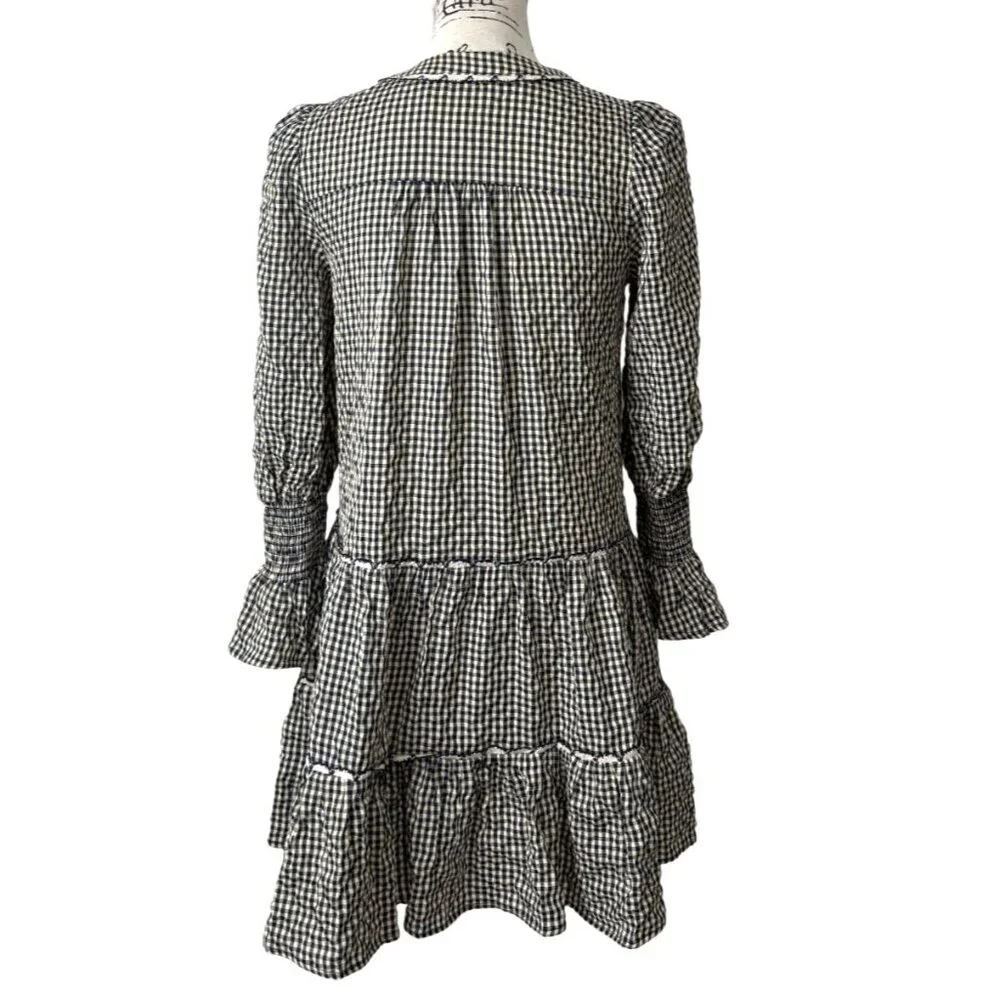 Pomander Place Long Sleeve Kenzo Dress Navy Blue Cream Gingham Womens Size XS - Picture 4 of 9